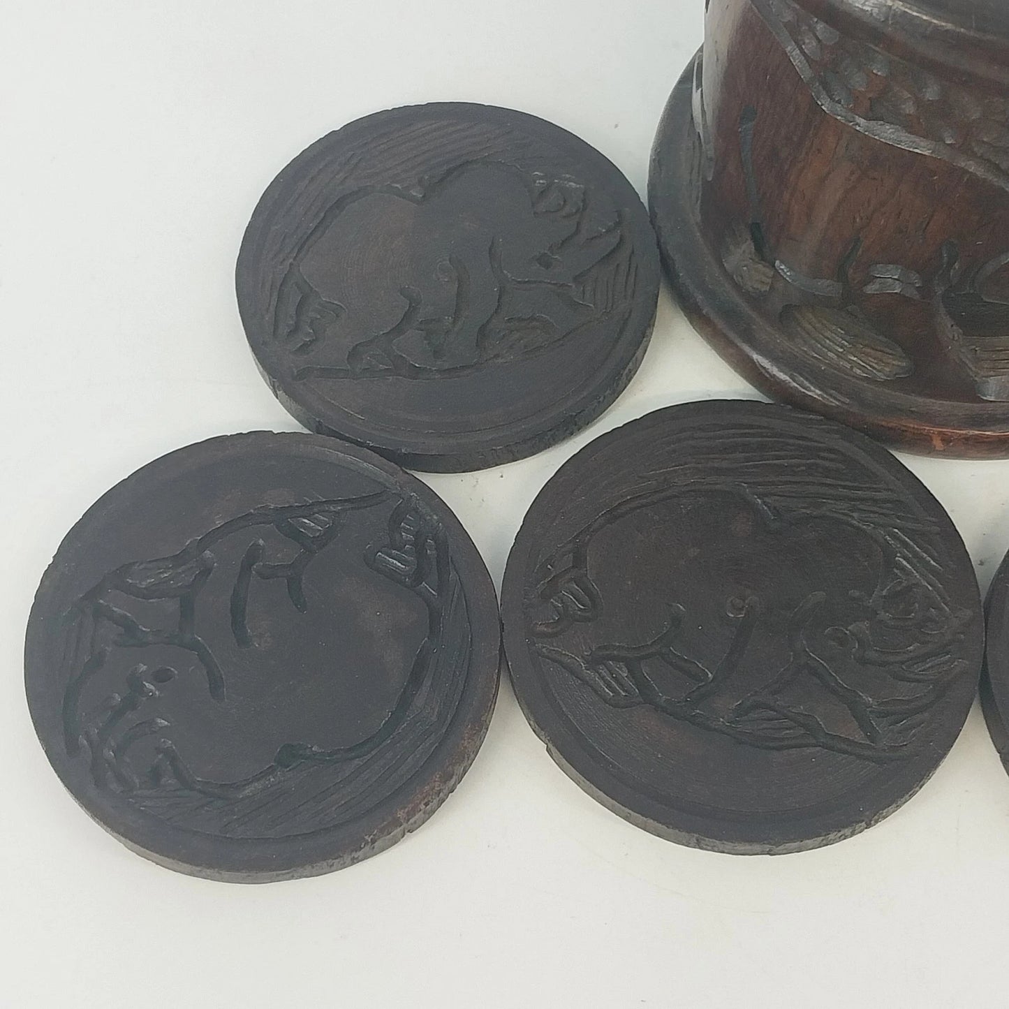 Hand Carved Wood Elephant Coaster Storage & Lid Set African Safari Barware Vtg