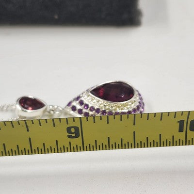 Silver Tone Chain Pear Cut Dangle Purple Rhinestone Amethyst Necklace & Earrings