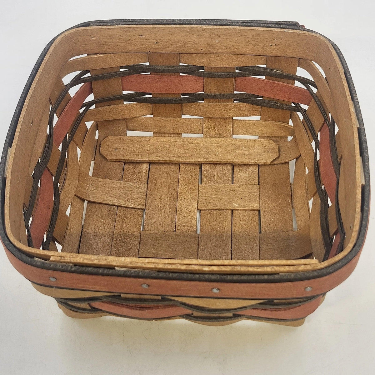 Longaberger Handwoven Natural Wood Basket Red Accent 6.75" Sq Dresden OH 2009