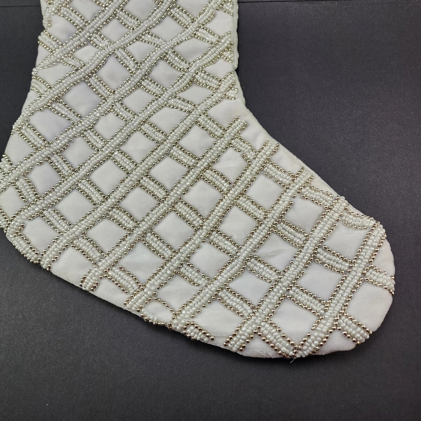Rachel Zoe Christmas Stocking Silver White Beaded 8"x22" Diamond Polyester NWT