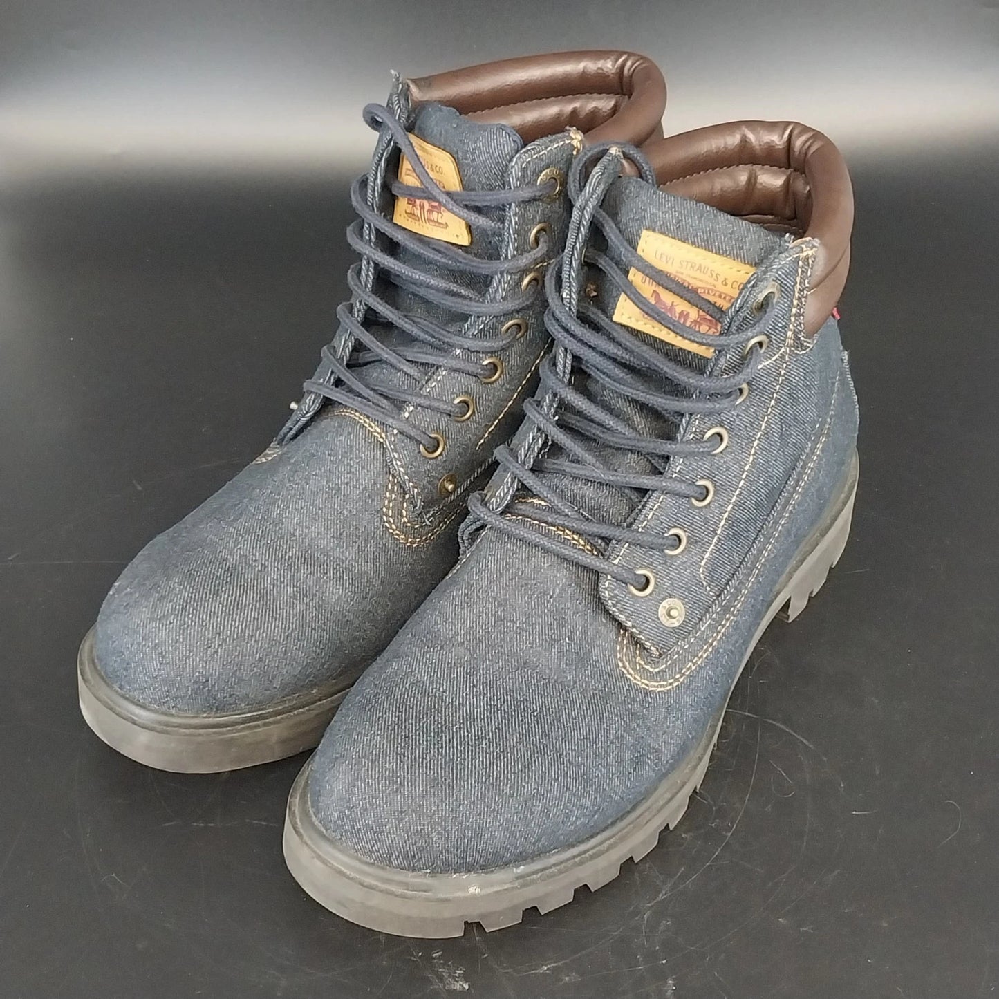 Levi's Solvano Mid Blue Denim Lace Up Ankle Boots Men's 9.5 Brown Padded Collar