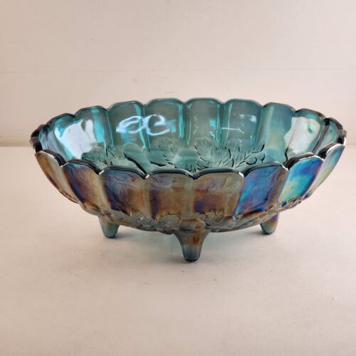 Indiana Glass Iridescent Blue Carnival Centerpiece Bowl Self Standing Footed