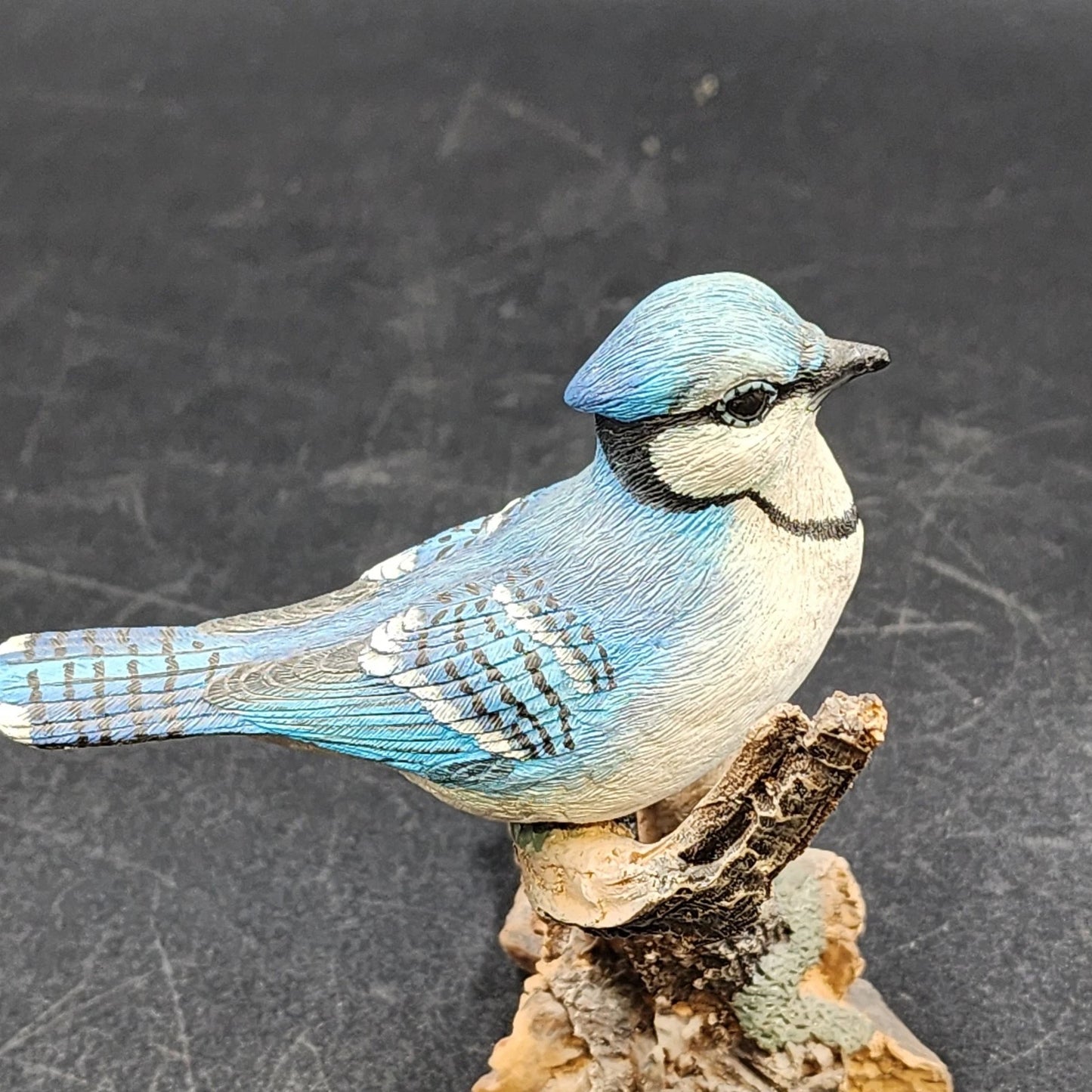 Molded Painted Blue Jay Bird Sculpture Resin 5.5" Perched On Branch Figurine Vtg