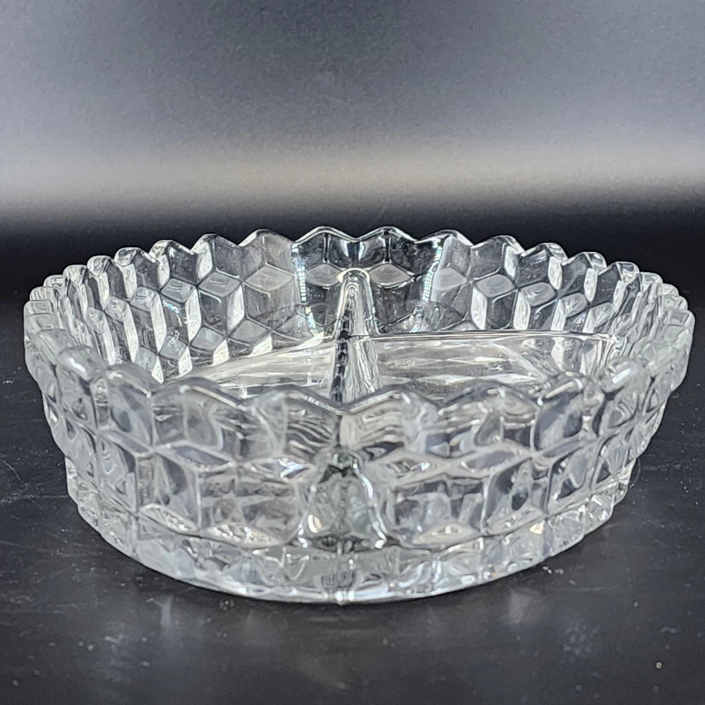Fostoria American Oval Relish Dish Clear Glass 3-Part Cube Pattern 10.5" Vintage