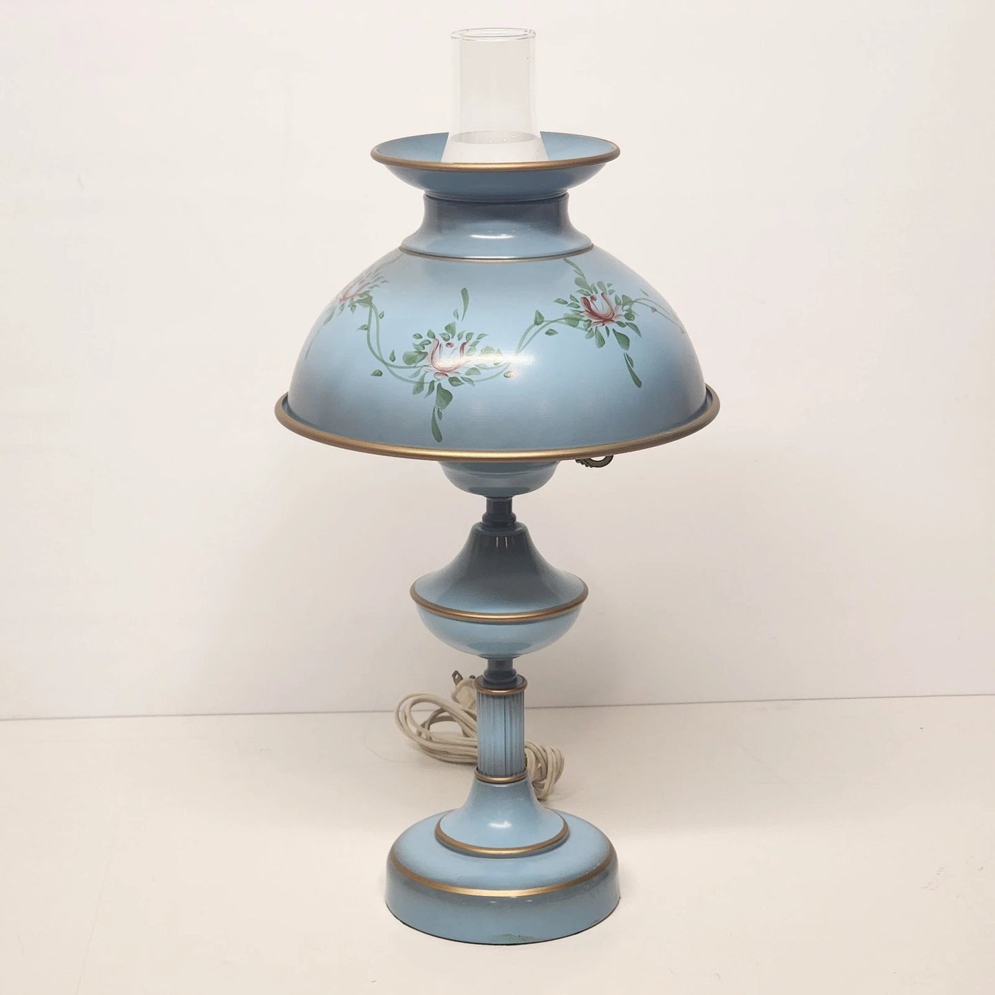 Metal Toleware Hurricane Lamp Glass Chimney MCM Desk Table Blue 18" Vintage