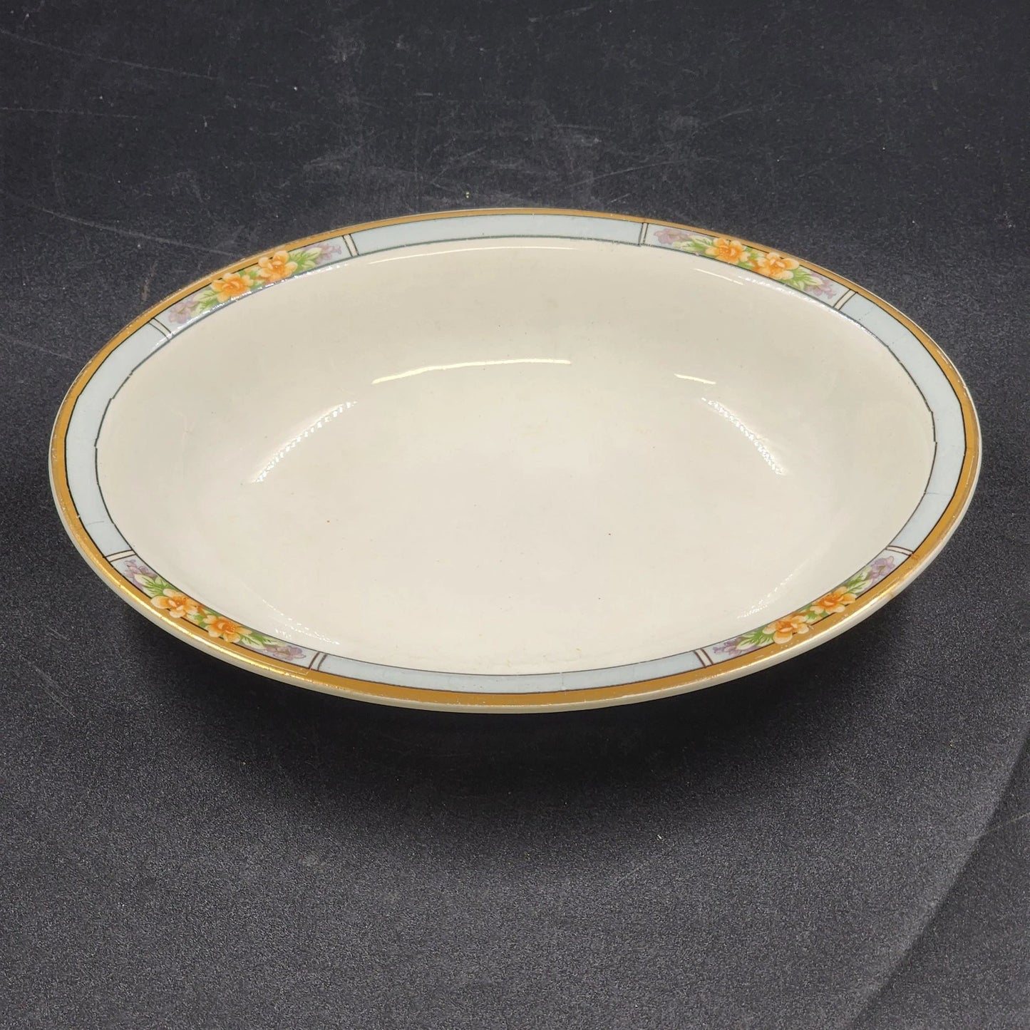 Nebraska Blue Oval Vegetable Bowl 10" England Blue Rim Flower Accent J&G Meakin
