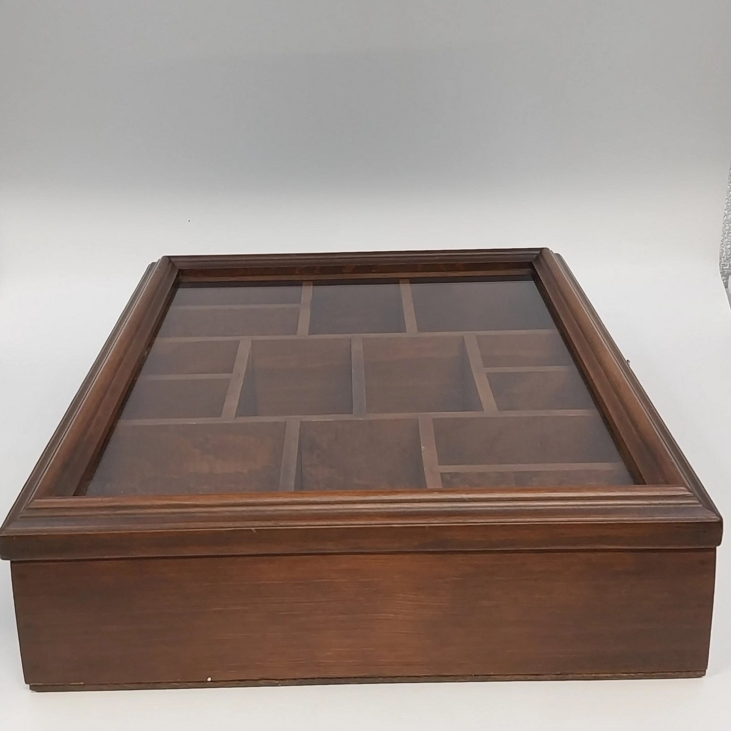 Wood Shadow Box Display Case Glass Door 14 Cubbies Wall Mount 16" Vintage