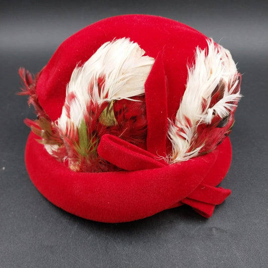 Women's Red Velvet Pillbox Hat By Replica de Parisienne Feather Accent Vintage
