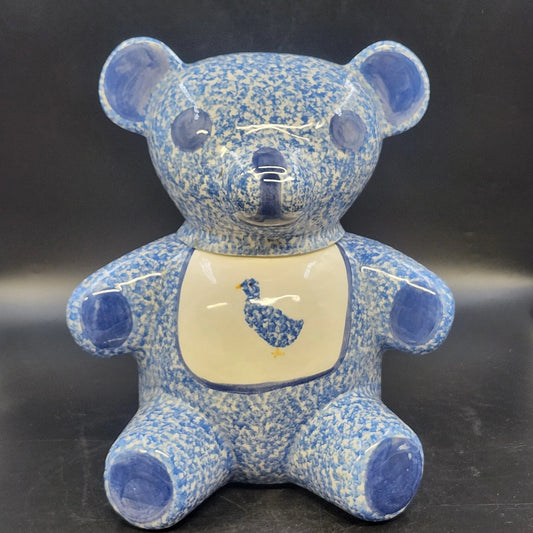 NS Gustin Teddy Bear Cookie Jar Blue Spongeware 12" USA Vintage Hand Decorated