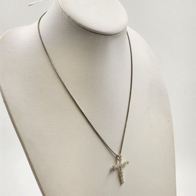 Silver Tone Box Chain with Crystal Clear Rhinestone Cross Pendant 11.5" Necklace