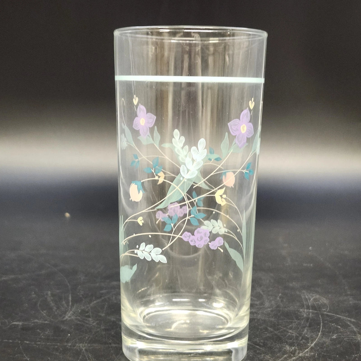 Pfaltzgraff April Floral Highball Tumbler 6.25" Clear Glass Pastel Flowers Vtg