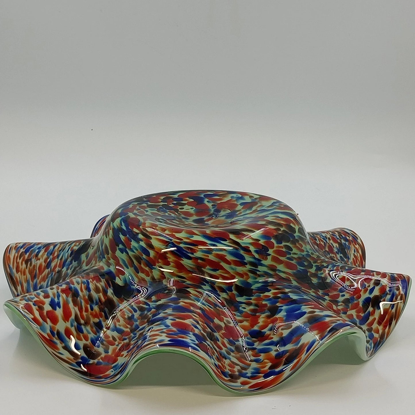 Hand Blown Art Glass Ruffled Bowl White Cased Multicolor Spun Spatter 12" Wide
