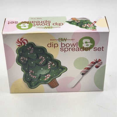 Boston Warehouse Christmas Tree Dip Bowl & Candy Cane Spreader Set Holiday China