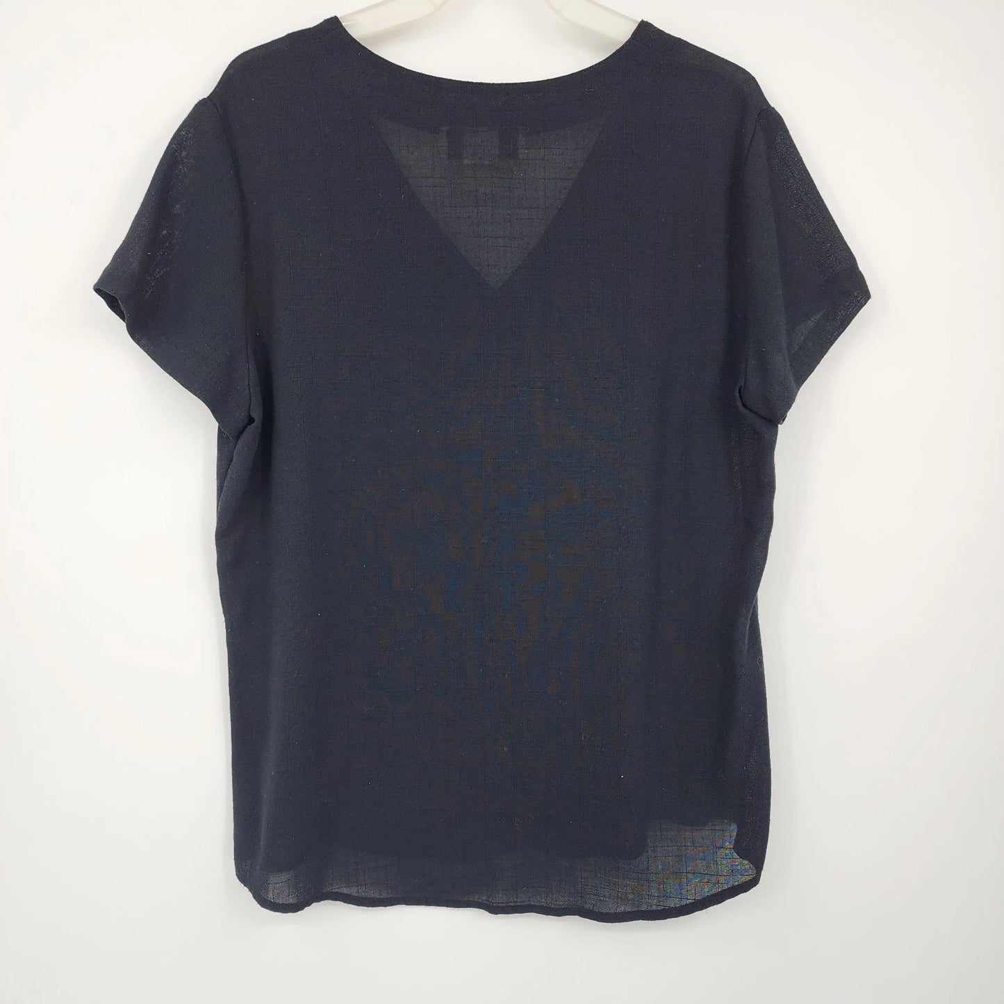 Lloyd Williams Black Button Front Blouse Women's Medium V Neck Short Sleeve Top