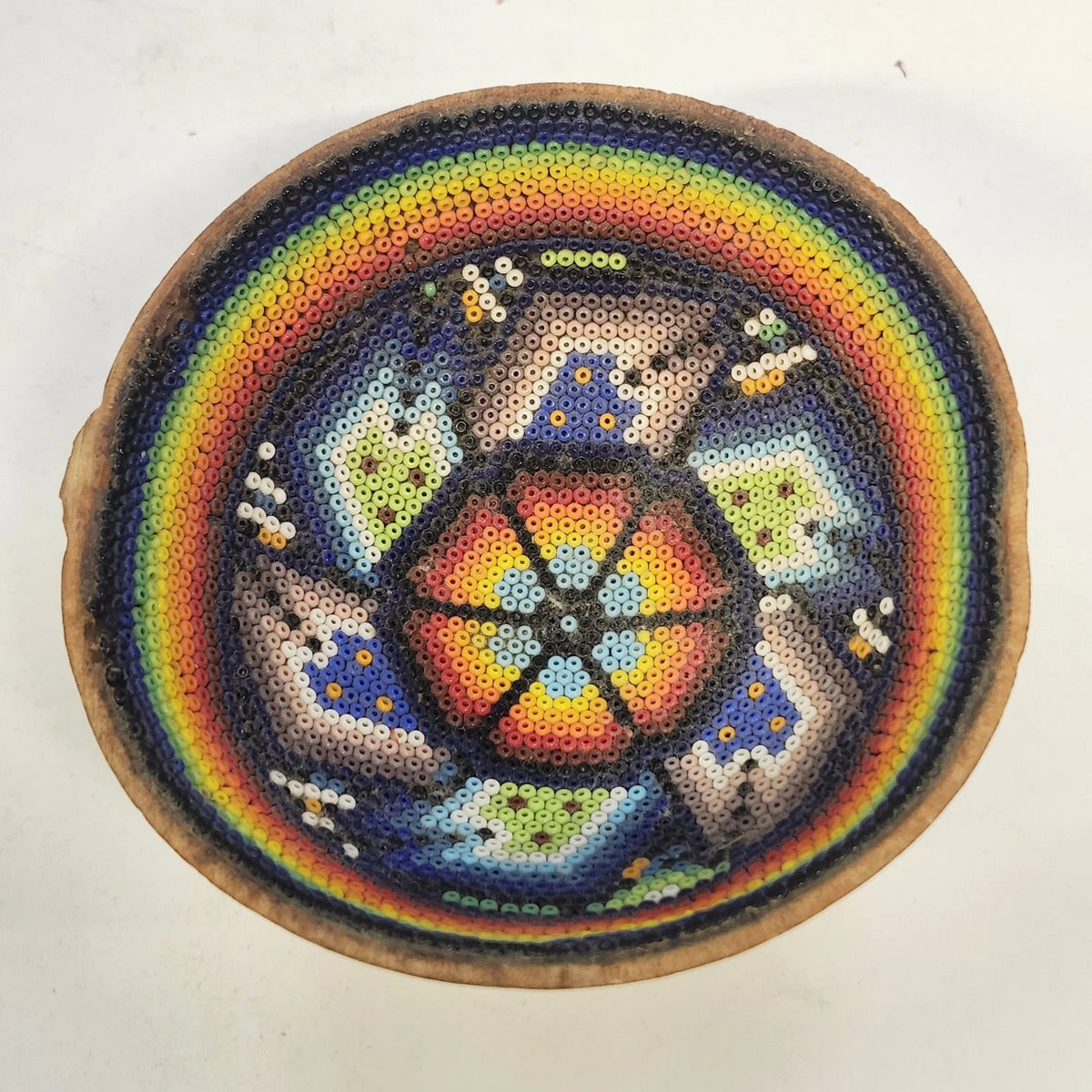 Hand Beaded Gourd Bowl Mexican Folk Art Rainbow Bird Floral Geometric 4" x 2"