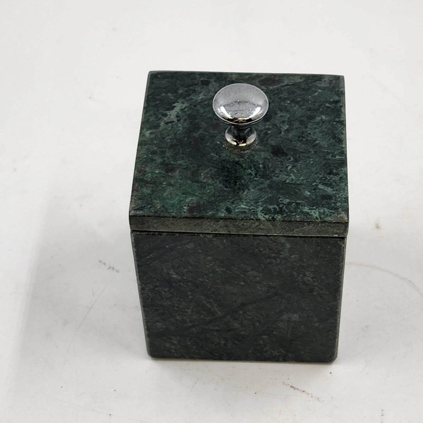 Green Marble Box Solid Walls Trinket Jewelry Storage with Lid 3.5" x 4" Vintage
