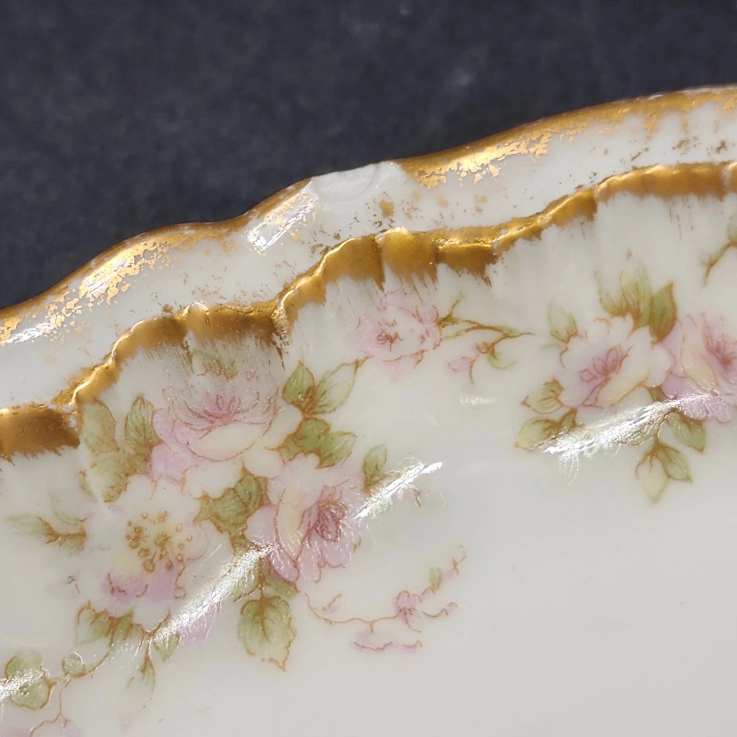 Limoges Ardennes Relish Dish 9.25" Pink Roses Gold Trim Theodore Haviland France