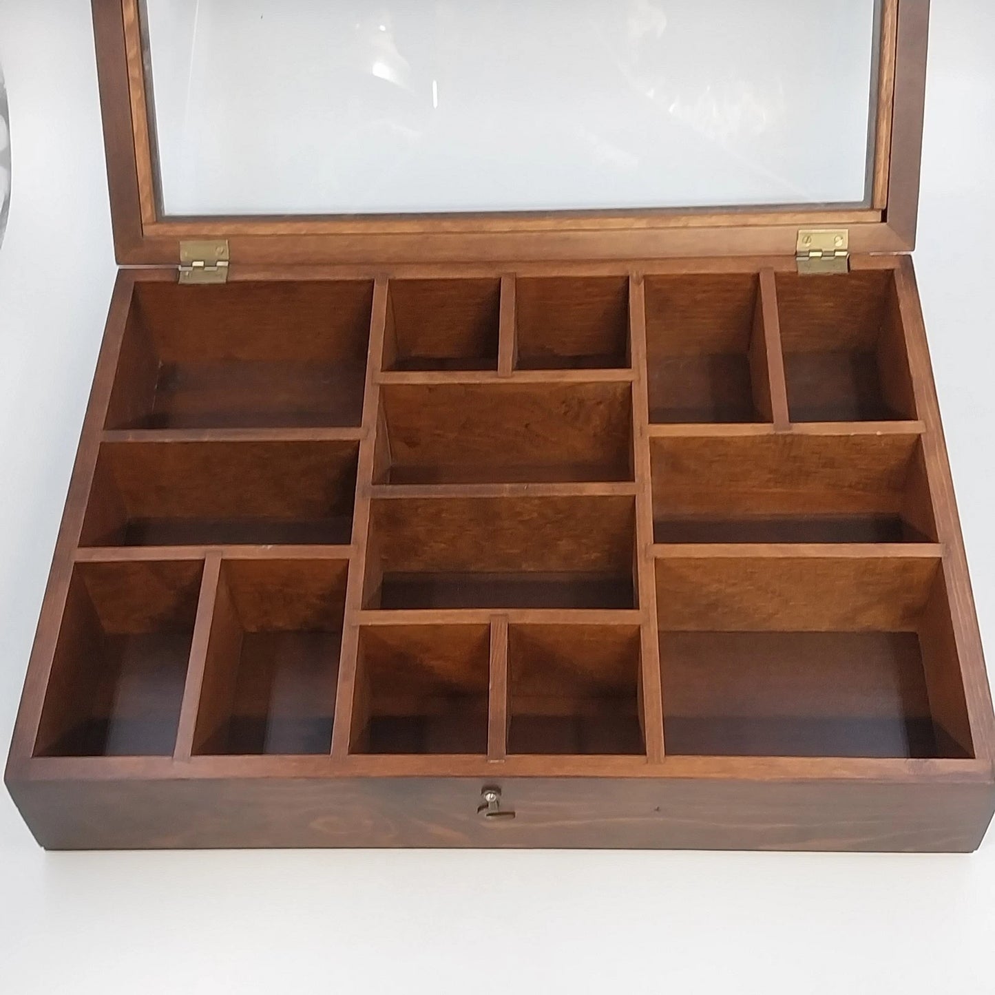 Wood Shadow Box Display Case Glass Door 14 Cubbies Wall Mount 16" Vintage