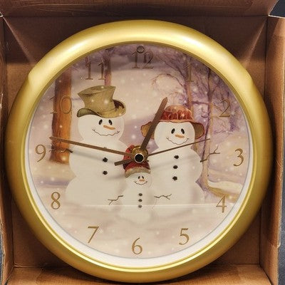Feldstein Snowman Family Christmas Wall Clock 8" Plays 12 Carols Light Sensor