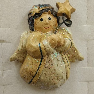 Resin Classic Christmas Angel Brooch Pin with Star Gold Tone Glitter Vintage Holiday