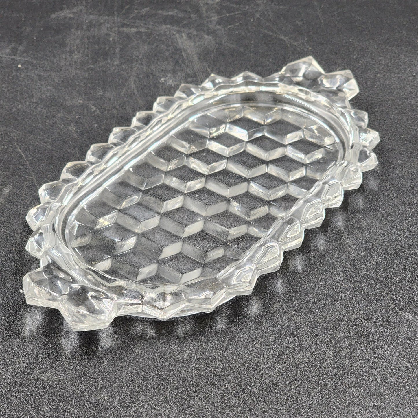 Fostoria Cubist Pattern American 3 Pc Set Clear Creamer Sugar Underplate Vintage