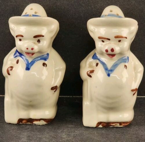 Smiley Farmer Pig Salt Pepper Shakers 1940's Shawnee Ceramic 3.5"h Vintage