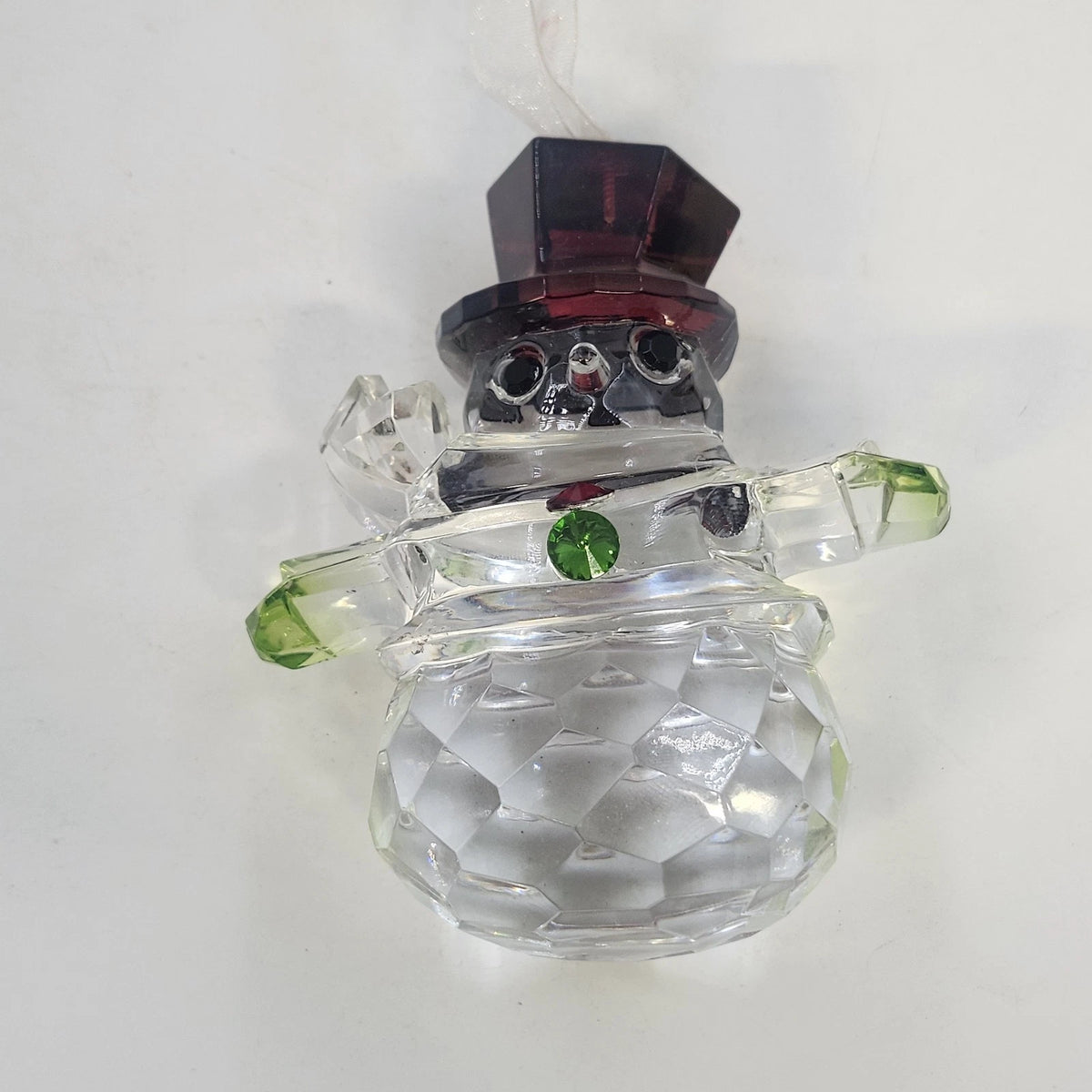 Snowman Christmas Ornament 4" Acrylic Clear Faceted w Red Top Hat & Rhinestones
