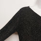 Claudia Richard Women's Black Silver Stud Glitter Top Large V-Neck Long Sleeve