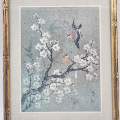Birds Cherry Blossoms Chinese Silk Print Bamboo Framed Matted 13" x 17"