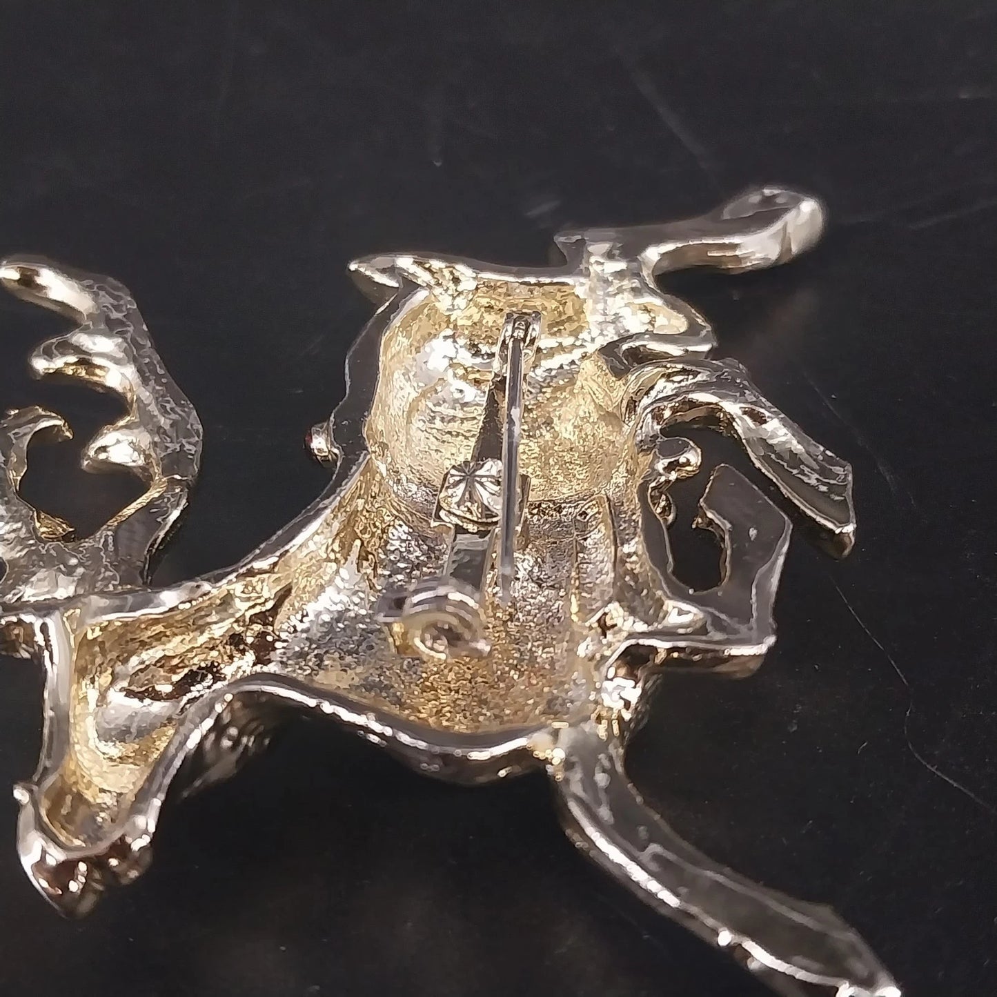 Reindeer Brooch Gold Tone Red Green Rhinestone Christmas Pin 2.5"x2" Vtg Holiday