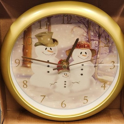 Feldstein Snowman Family Christmas Wall Clock 8" Plays 12 Carols Light Sensor