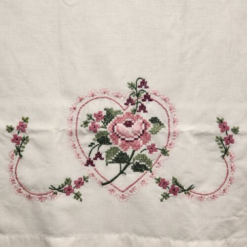 2 Vintage White Pillow Cases with Heart and Flowers Design Hand Embroidered Vtg