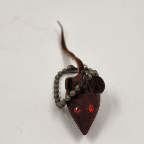 Danish Teak Wood Mouse Keychain Rhinestone Eye Leather Tail Ears Miniature 1.25"