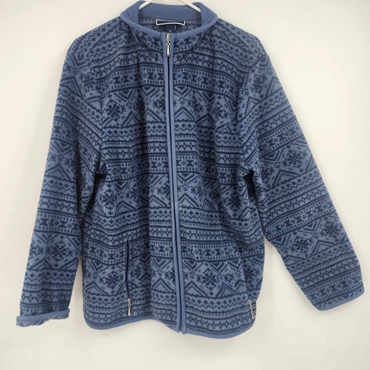 Fair Isle Women's Fleece Jacket XL Blue Nordic Full Zip Pockets Made Jordan