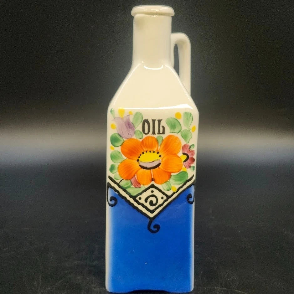 Czechoslovakia Oil Cruet Hand Painted Floral Blue Orange Ceramic with Lid Handle