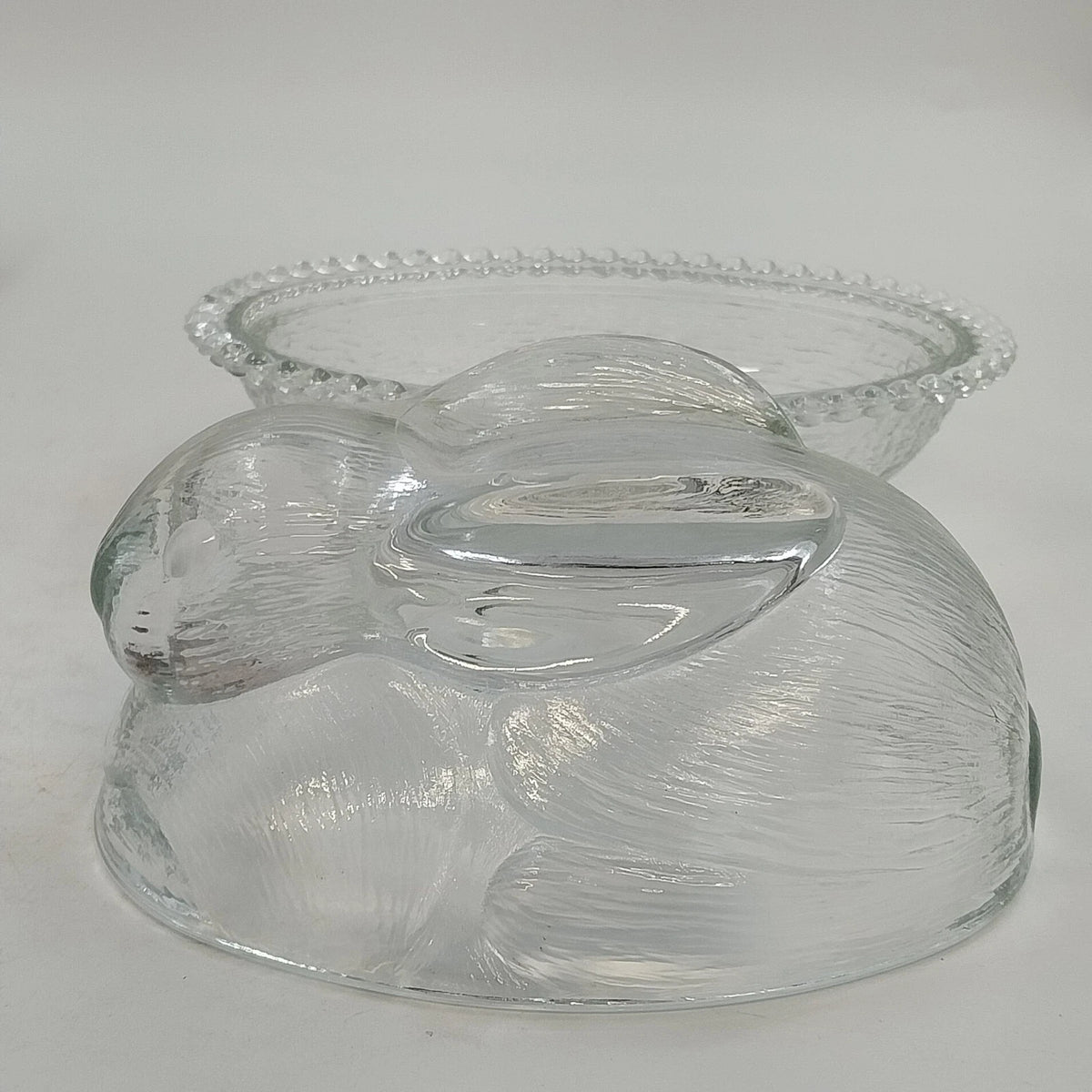 Indiana Glass Confections Bunny on Nest Candy Dish Clear Crystal w Lid USA Vtg