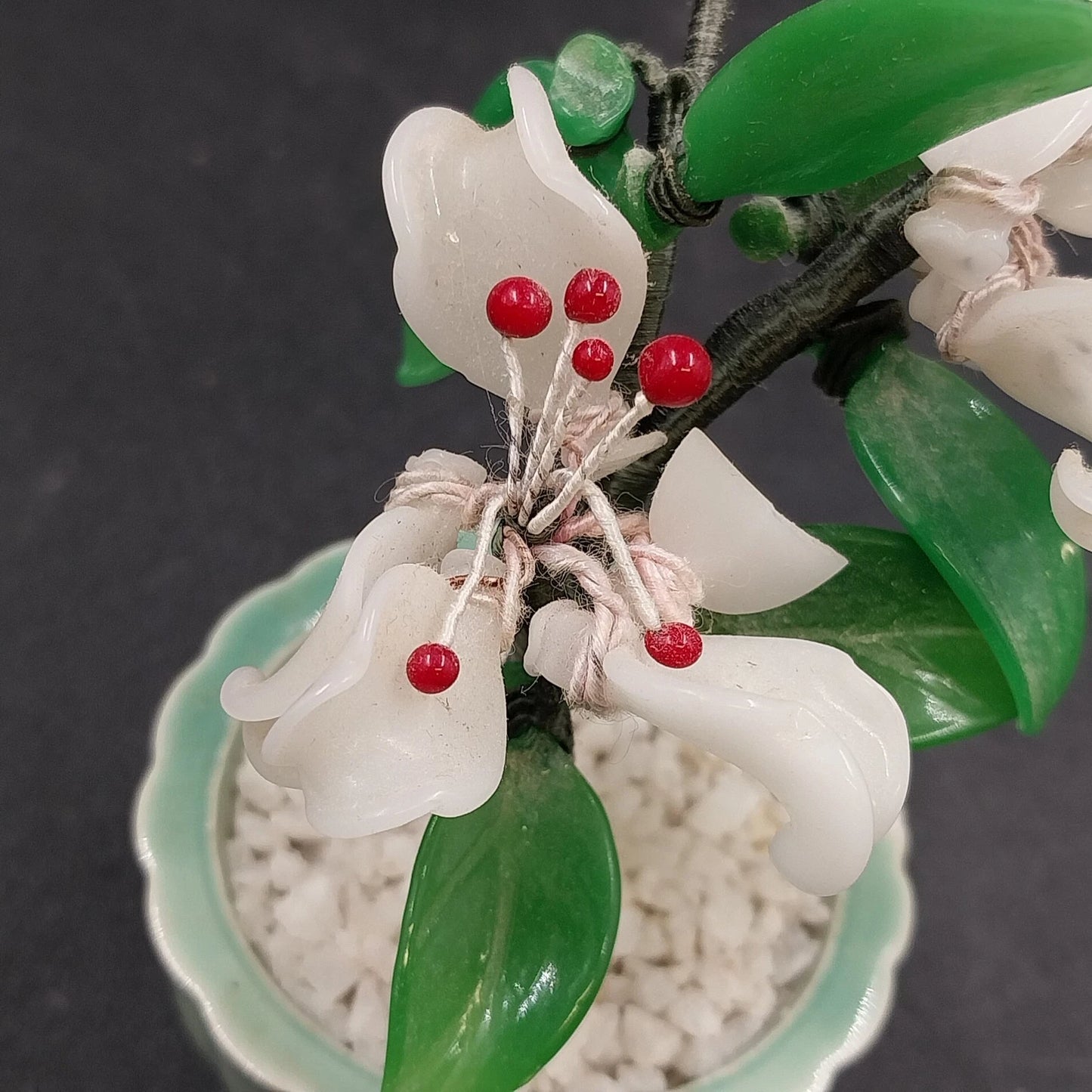 Chinese Glass Bonsai Tree in Celadon Pot 4" White Flowers Leaves & Red Berries