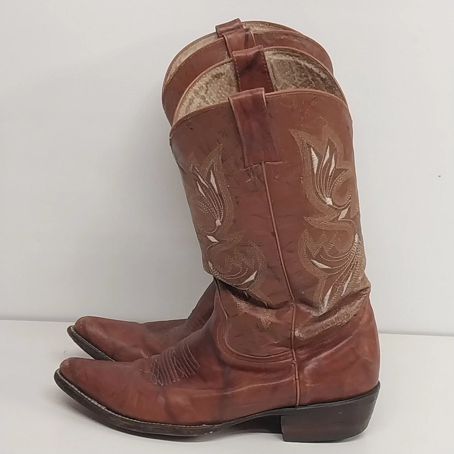 Israel Brown Leather Cowboy Boots Embroidered Western Men's Size 8.5 Made Mexico