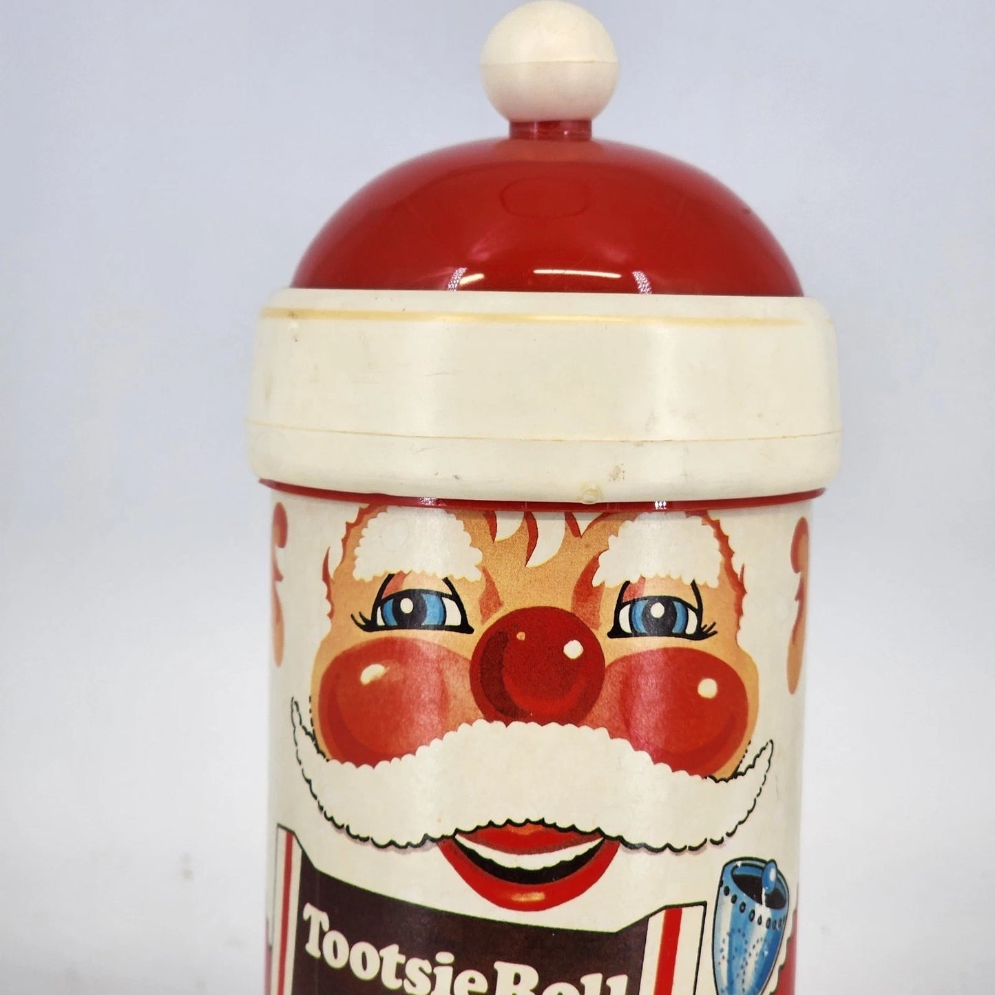 Tootsie Roll Santa Candy Container Jar Plastic Cardboard 1980s Holiday Vintage