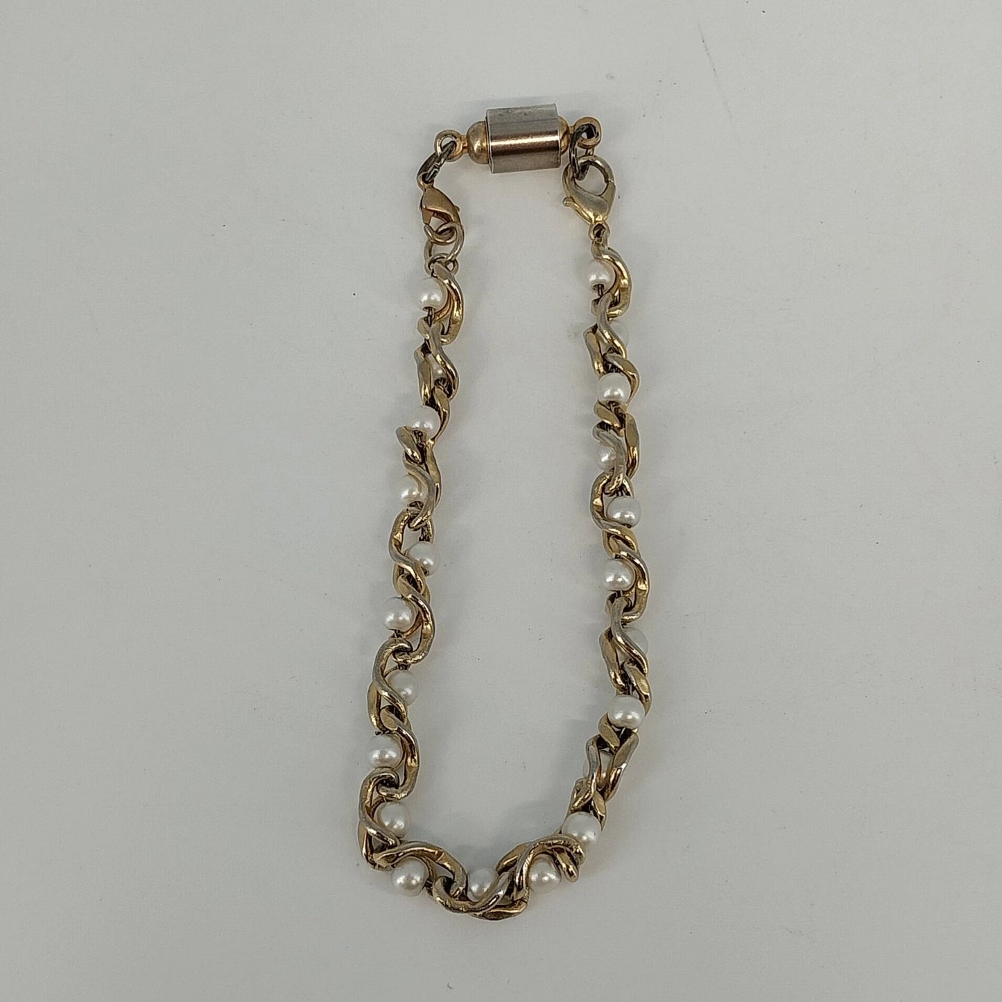 Gold Tone Link Bracelet Faux Pearl Twist Bar Accent Chain 9" Clasp Jewelry Vtg