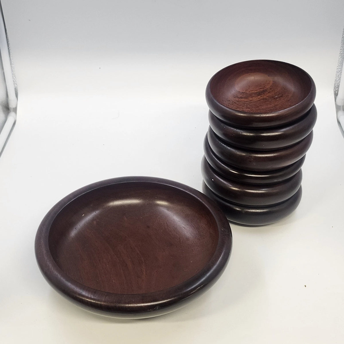 Haitian Wooden Salad Bowl Set 6 Pc Small & 1 Pc Large Serving Dish 9.75" 1970s