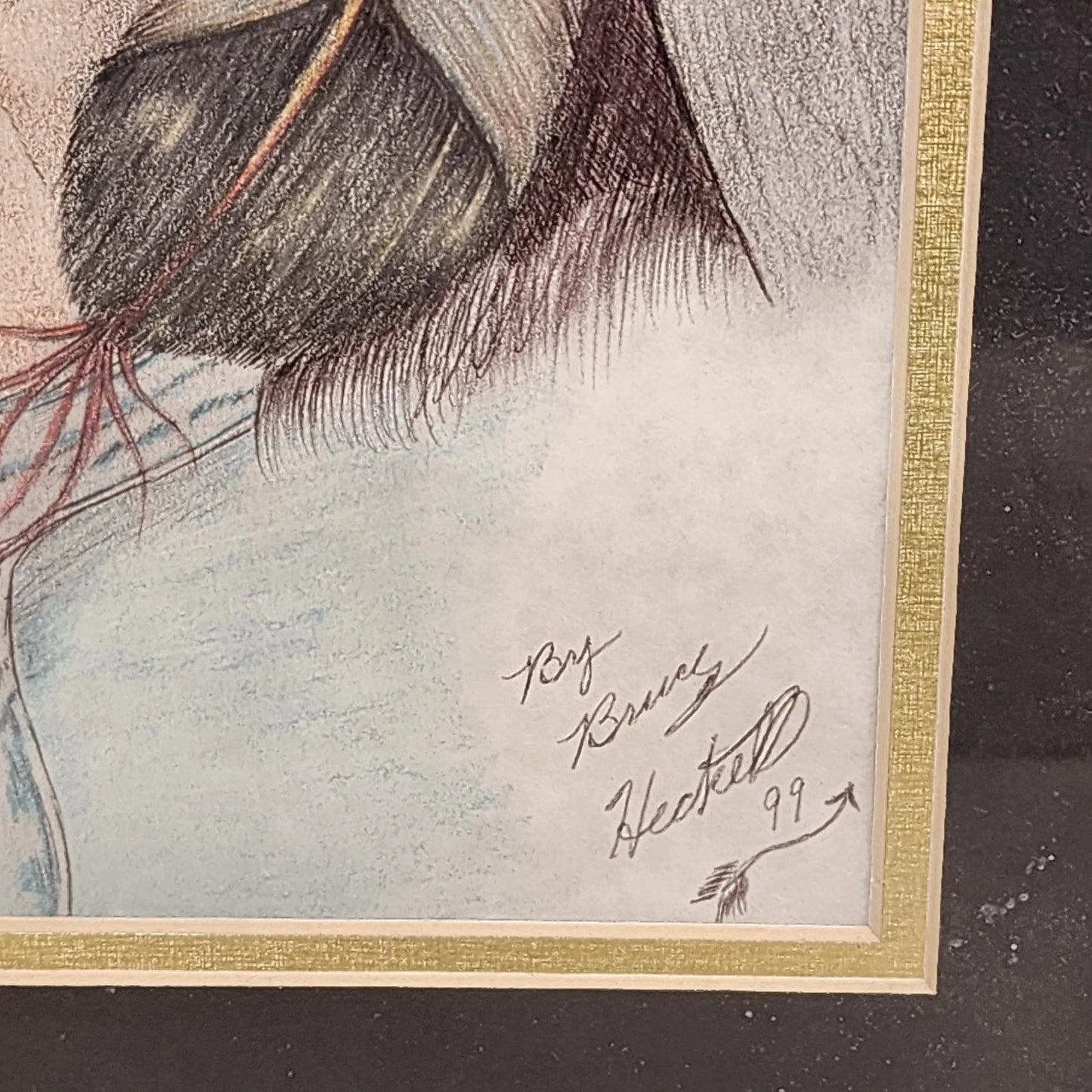 Bruce Heckel Pencil Drawing Native American Feather Earring Signed Art