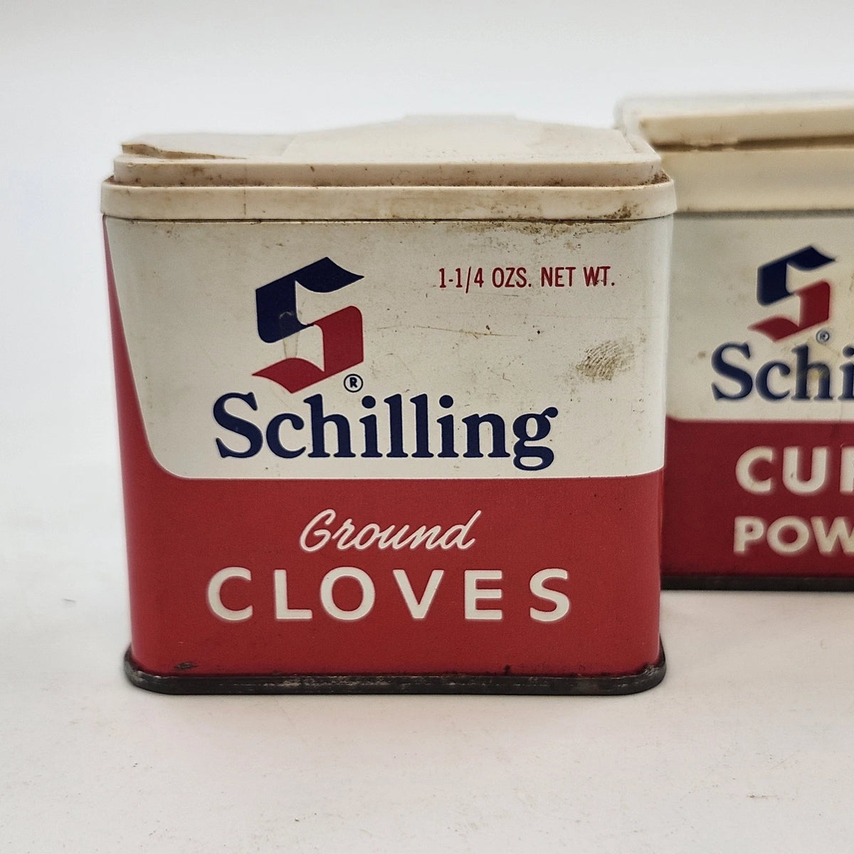 Schilling Ground Cloves Curry Powder 1.25 Oz Spice Tins Red White 2pc Vintage