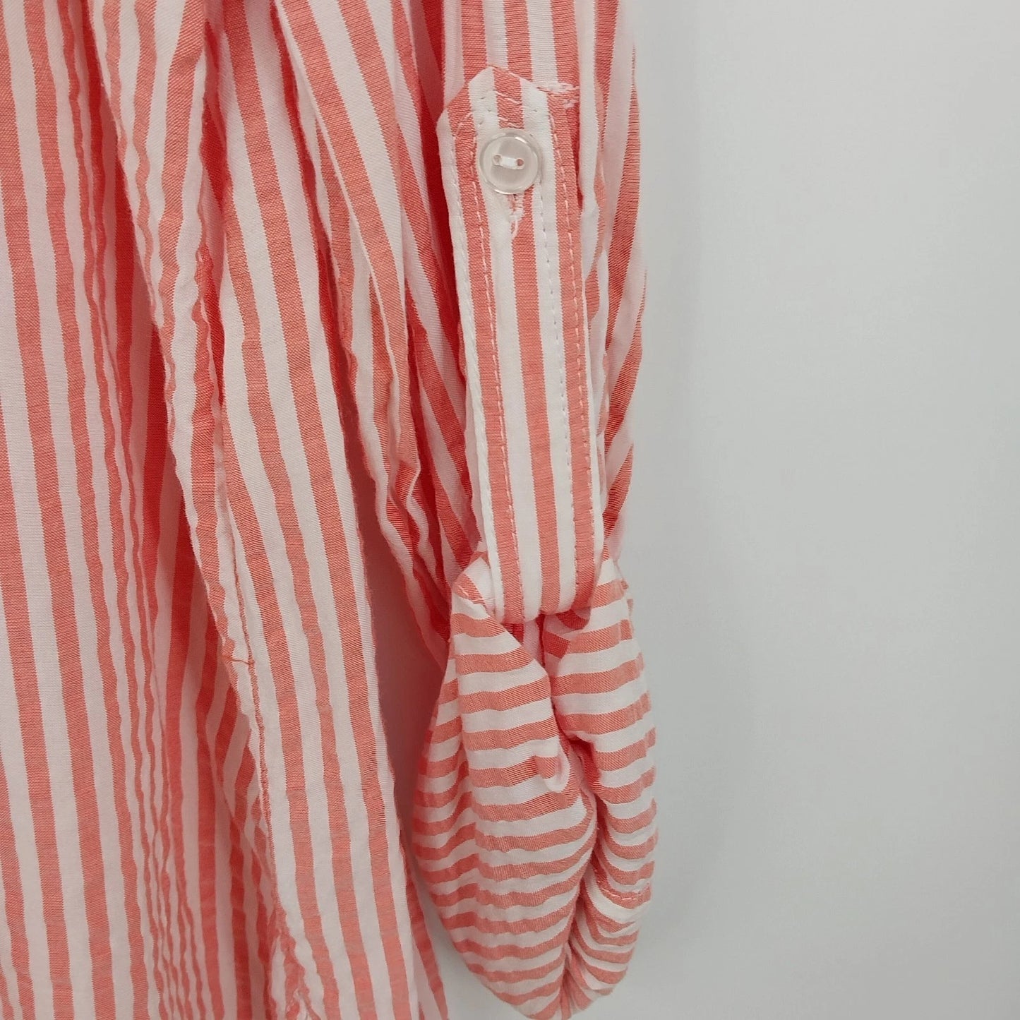Velvet Heart Women's Peach White Striped Button Down Blouse Roll Tab Sleeve XL