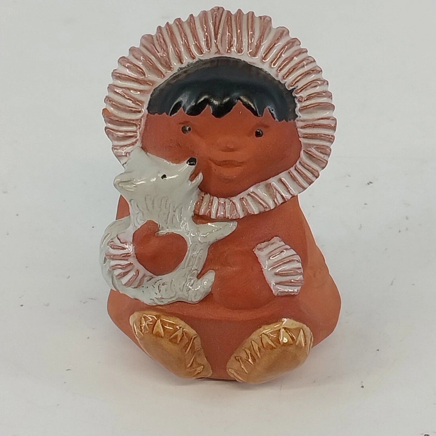 Vintage Alaska Cabin Crafts Clay Figurine Eskimo Boy Seal