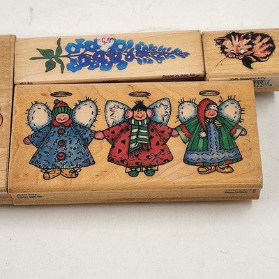 4 Wood Rubber Stamps Sleeping Kitty Country Angel Trio Flower Girl Bluebonnet