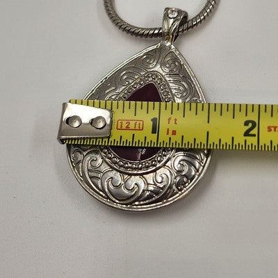 Silver Tone Reversible Teardrop Carnelian Black Pendant Snake Chain Damask Edge