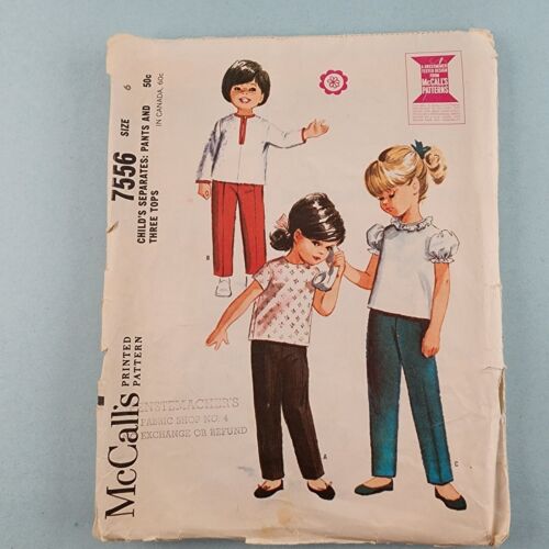 McCall's 7556 Vintage Sewing Pattern 1965 Girl's Separates Pants & 3 Tops Size 6