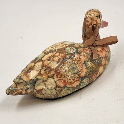 Duck Decoy Floral Decoupage w Display Ribbon Felt Base Decorative Porcelain 9”L