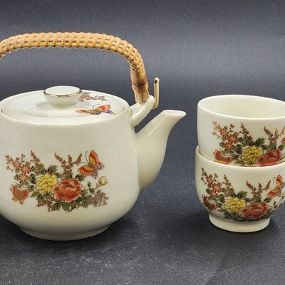 Teapot Set 4 Cups OMC Japan Butterflies Various Flowers w Rattan Handle Vintage